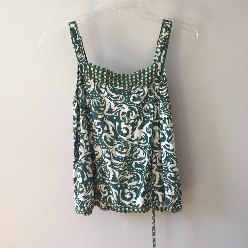 Anthropologie green patterned top with tie